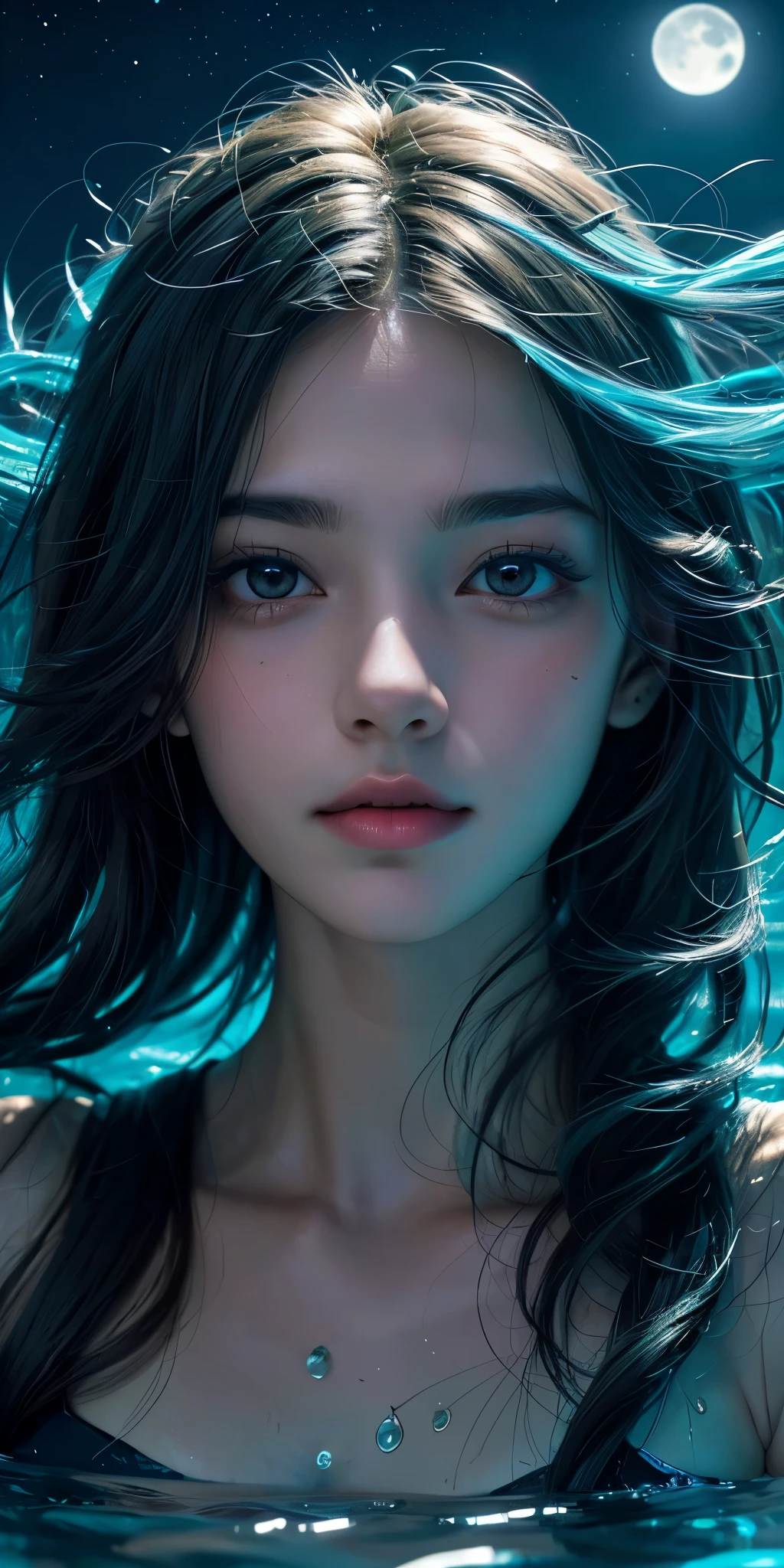 A woman swimming in the sea where bioluminescent plants shine, ((bioluminescent plants shine)), the moonlight reflected on the surface of the sea, a beautiful starry sky, beautiful face, detailed face,