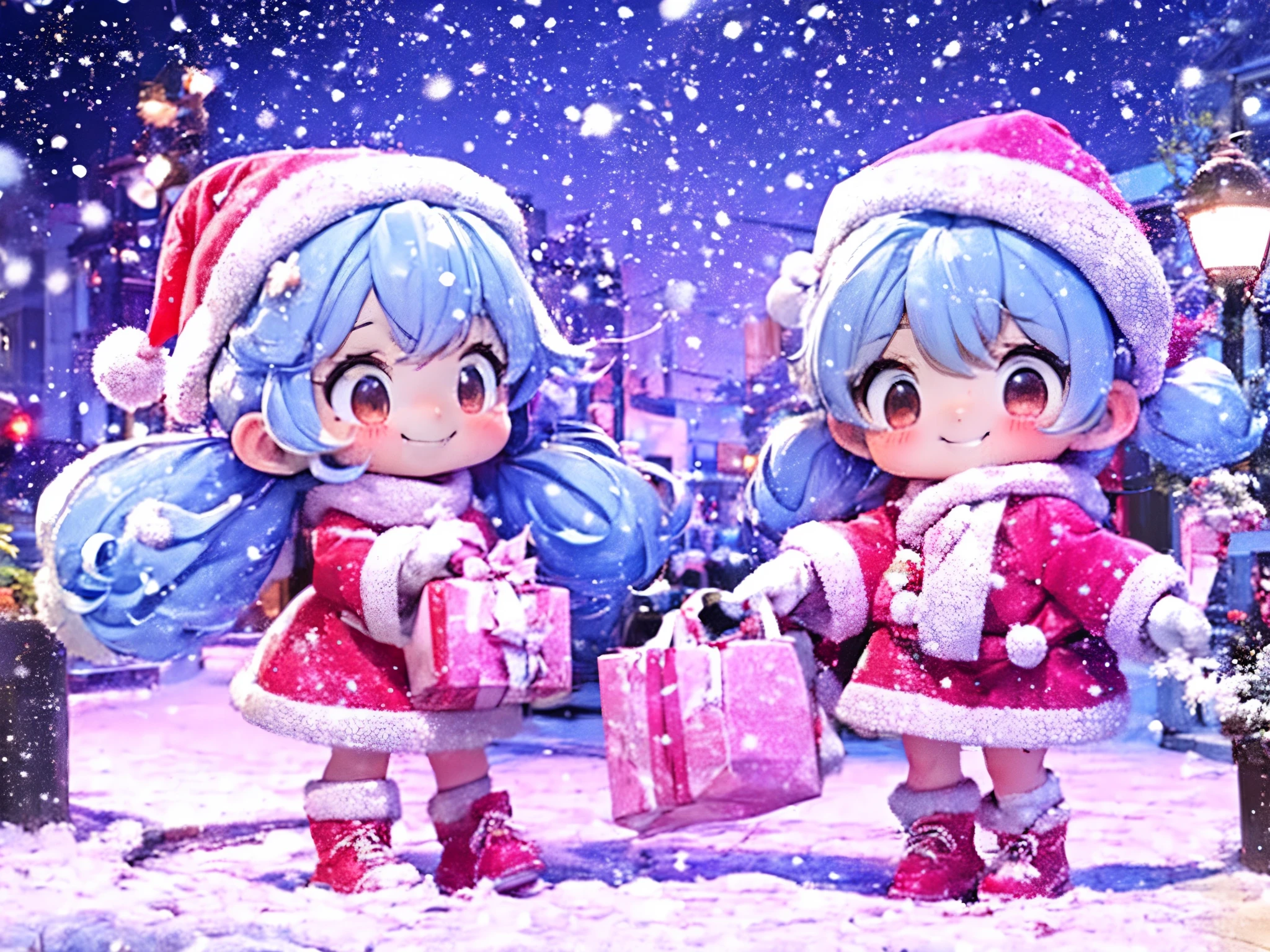    long light blue hair、 beautiful girl with twin tail hairstyle 、  Santa Claus、smile、 handing out presents in a beautiful city where it's snowing、Beautiful streetlights are brightly illuminating the city 