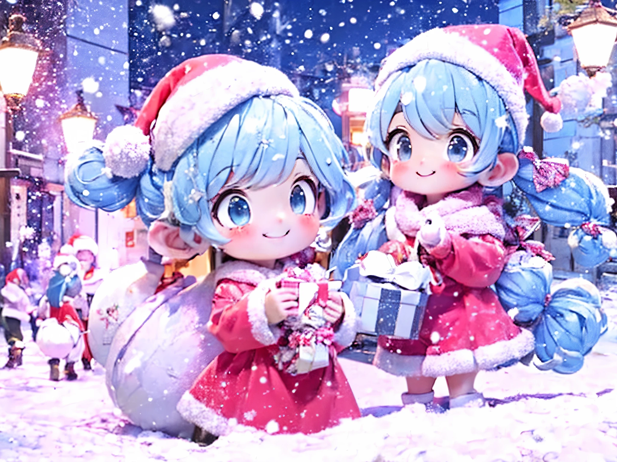    long light blue hair、 beautiful girl with twin tail hairstyle 、  Santa Claus、smile、 handing out presents in a beautiful city where it's snowing、Beautiful streetlights are brightly illuminating the city 