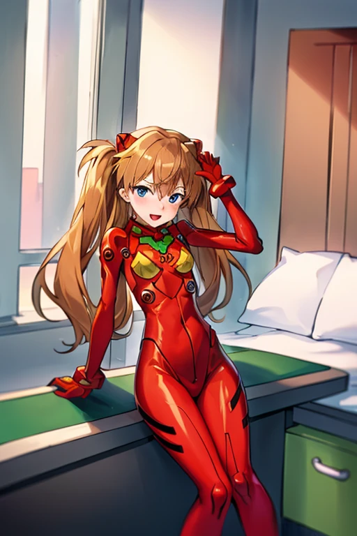 (( top quality)), ((masterpiece)), (be familiar with),  perfect face, indoor, bedroom,  watching viewers,
One woman,  Soryu Asuka Langley,
 open mouth,  ecstatic expression beside the piano, blush, smile,
 small tits,  flat chested, Young girl, Lori,  s,  girl,
 long hair,  Twin Tails ,
Leg spread,