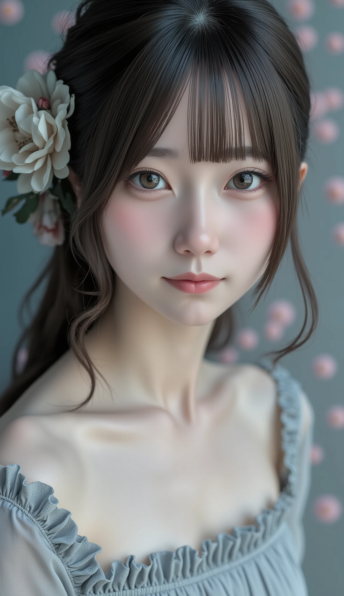 (((Gray floral background:1.3)))、 top quality, masterpiece,  high definition , ((( one girl ))), ,(((The eyes are gray:1.3)))、 gray dress 、(( Grey Shirt :1.3、Grey Block Dress )),  tyndall effect ,  realistic , Shadow Studio , ultramarine lighting,  Dual Tone Lighting, ( high detail skin : 1.2)、Light colored lighting 、Dim lighting、  dslr, photograph,  high definition , 4K, 8k,  Blurred Background, beautiful fade out 、The world of grey flowers