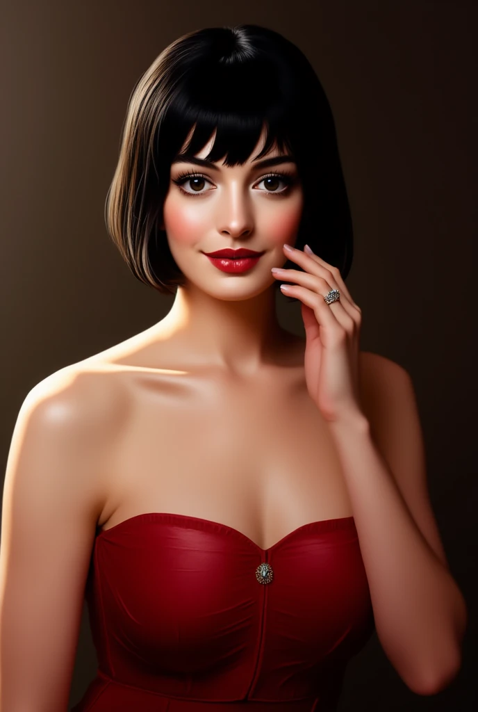 Anne Hathaway, standing frontally, seductive, red strapless dress, detailed face, black bob cut hair with bangs, fixing hair