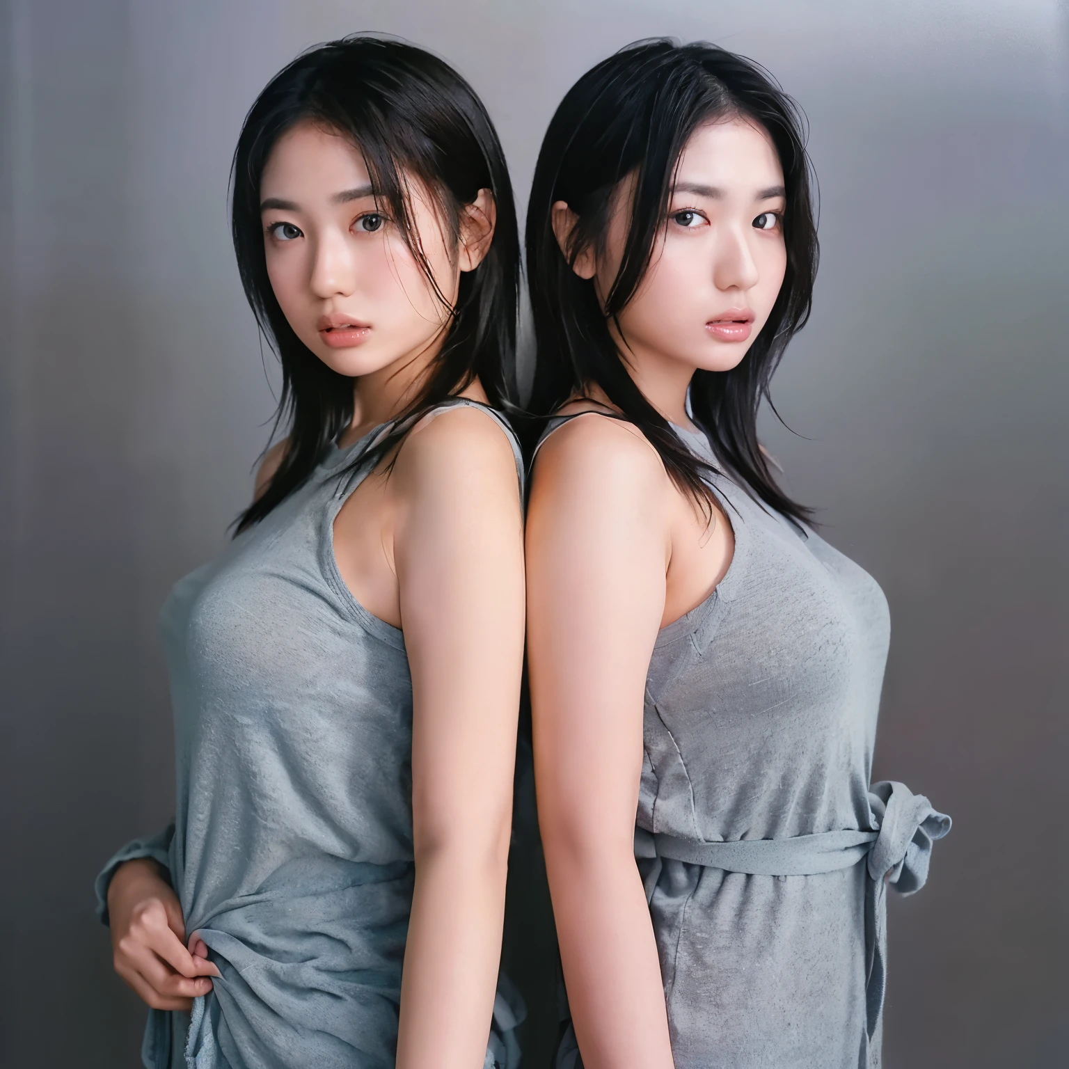 	13.	“Against a plain grey backdrop, twin sisters stand face-to-face, their hands gently placed on each other’s shoulders. Their identical features and perfectly mirrored poses create a striking composition.”