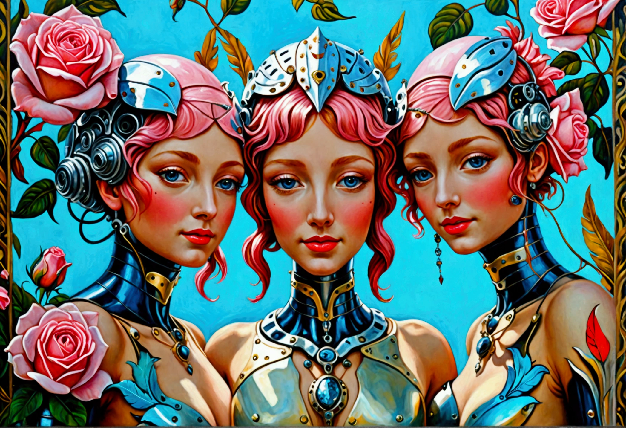 detailed cyberpunk version of cyborgs as the three graces by Botticelli, beautiful detailed faces, ultra-realistic, highly detailed, 8k, photorealistic, intricate floral patterns, roses, violets, lush foliage, ornate cyborg elements, mechanical birds, neon glowing futuristic effects, cinematic composition, dramatic lighting, vibrant colors