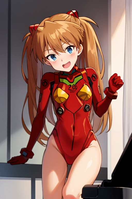 (( top quality)), ((masterpiece)), (be familiar with),  perfect face, indoor, bedroom,  watching viewers,
One woman,  Soryu Asuka Langley,
 open mouth,  ecstatic expression beside the piano, blush, smile,
 small tits,  flat chested, Young girl, Lori,  s,  girl,
 long hair,  Twin Tails ,
Leg spread,