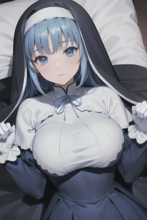 Mature women, nun, 1girl, solo, blue nun outfit, puffy sleeves, blue cape ,blue long skirt, white gloves, long deep black veil, vail cover her face,(look at viewer), vail covered face, (perfect skin),(no emotion ), anime, room, bedroom, sexy pose, lying down