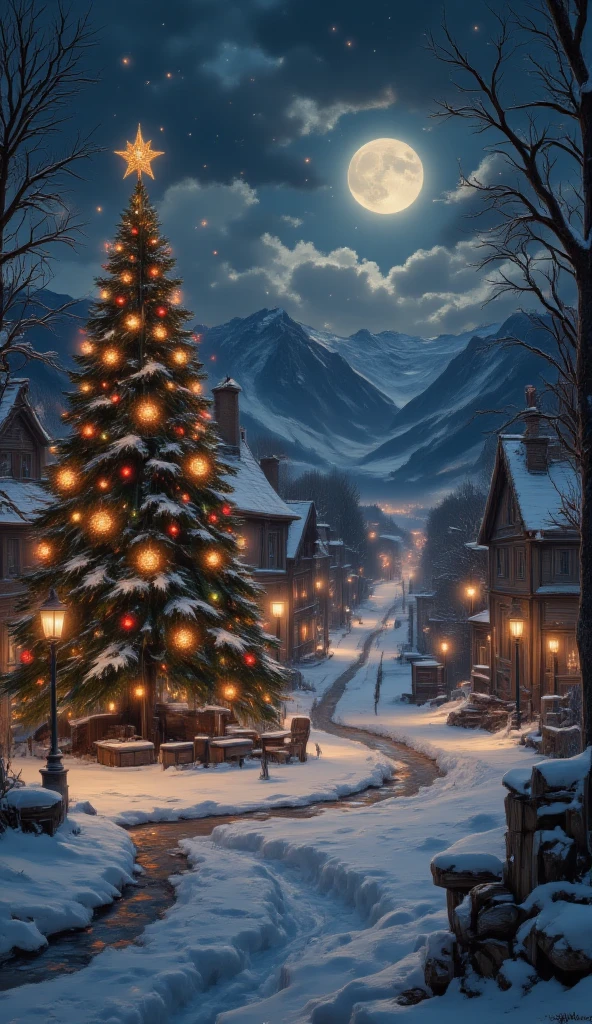 masterpiece, 8k, HDR, 3 D, best quality, photography, analog style, real life, extremely beautiful, (highly detailed, intricately detailed), An image of a square and in the center a decorated Christmas tree, a winter night in a small picturesque town, where the street lights are reflected in the snow and the freshly fallen snowflakes. The temperature is cold, but the air is fresh and clean. Along the streets, snowflakes begin to fall gently from the sky, each with a unique and delicate pattern. The flakes sparkle under the light of the street lamps, creating a magical and serene landscape.