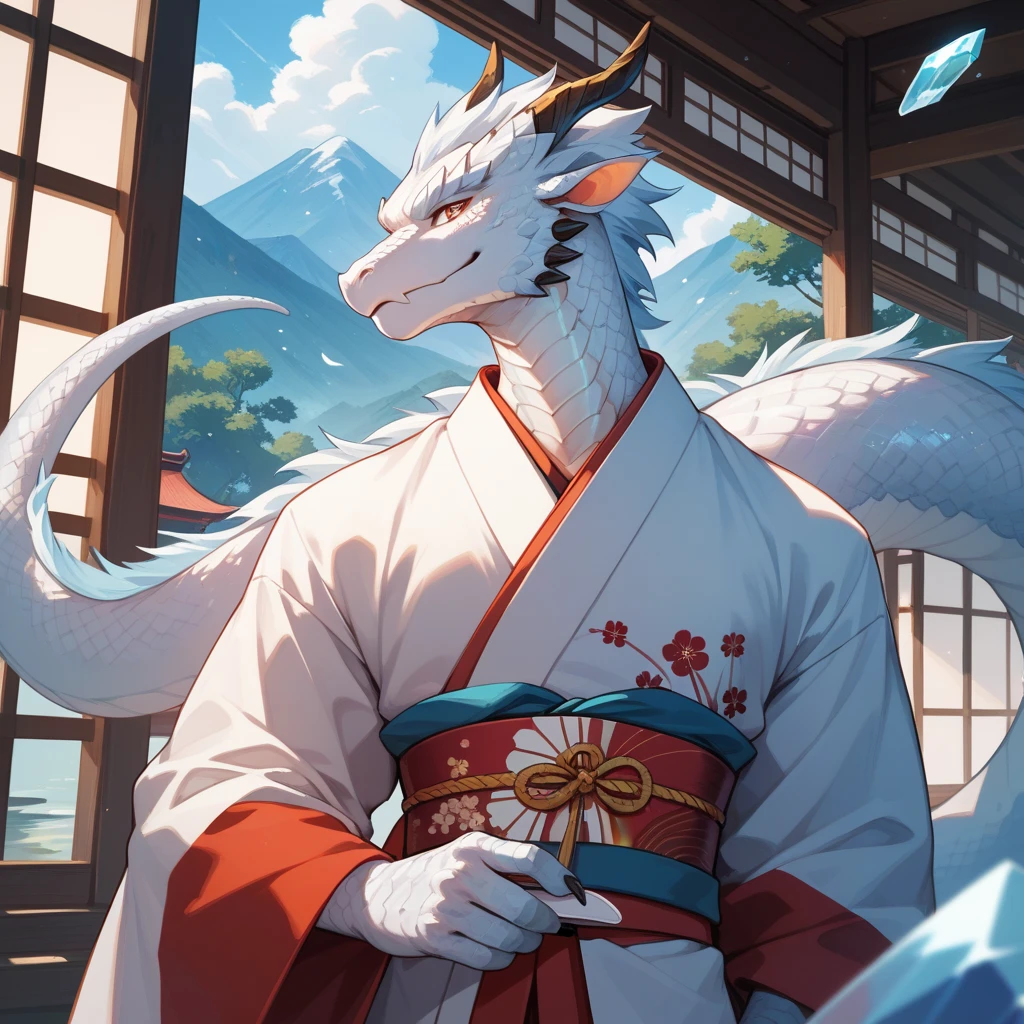 white dragon male with crystal scales Dressed in Japanese clothes