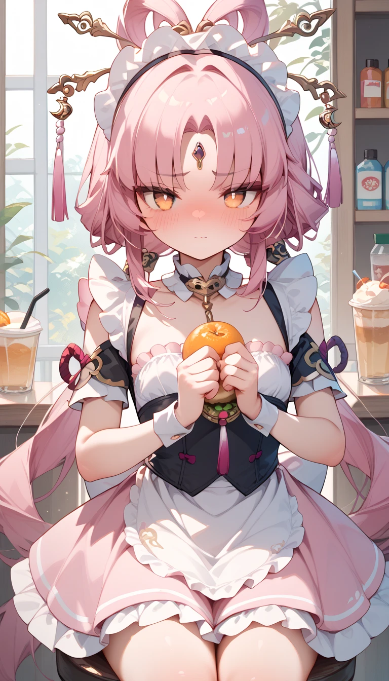 Fu Xuan, 1girl, pink hair,  orange eyes , low twintails, single sidelock, hair ornament, forehead jewel,　maid uniform　 Headdress　 small breasts　Petite body　blush　 Embarrassing 　 coffee shop