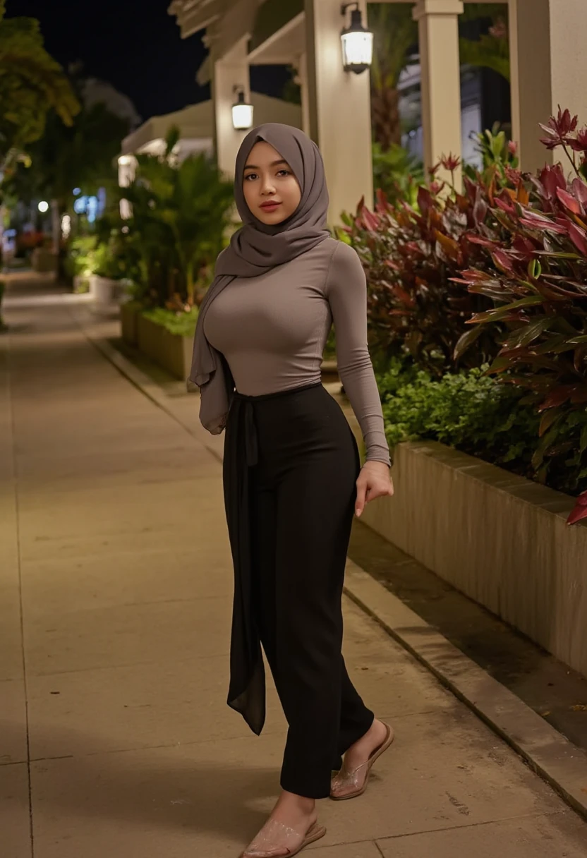 A beautiful Indonesian woman, wearing a tight longsleeve t-shirt, and wearin long coulotte pants, wearing a chiffon hijab, and wearing flat shoes, walking on the sidewalk at night. under garden lights, decorated with colorful flowers. lower wide angle shot. 4k, super high quality, detailed face,