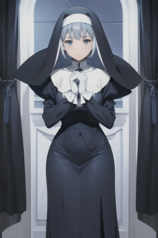 Mature women, nun, 1girl, solo, blue nun outfit, puffy sleeves, blue cape ,blue long skirt, white gloves, long deep black veil, vail cover her face,(look at viewer), vail covered face, (perfect skin),(no emotion ), anime, room, sexy pose, standing