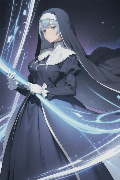 Mature women, nun, 1girl, solo, blue nun outfit, puffy sleeves, blue cape ,blue long skirt, white gloves, long deep black veil, vail cover her face,(look at viewer), vail covered face, (perfect skin),(no emotion ), anime, room, sexy pose, standing