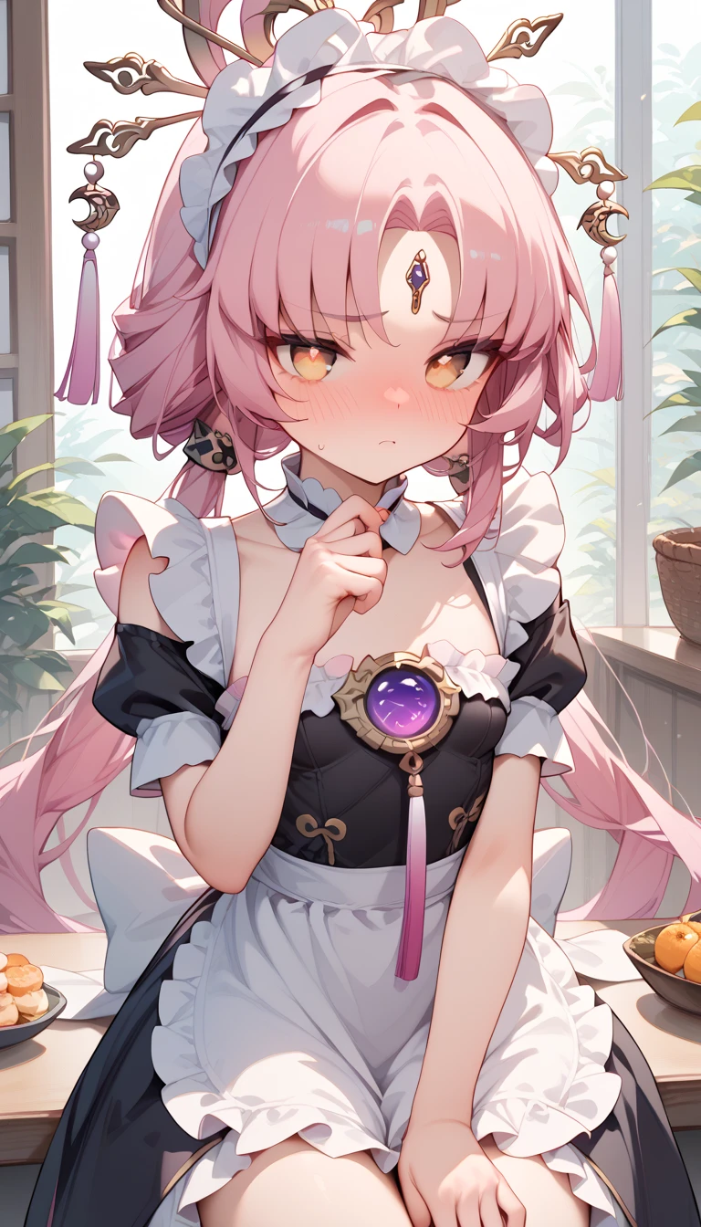 Fu Xuan, 1girl, pink hair,  orange eyes , low twintails, single sidelock, hair ornament, forehead jewel,　maid uniform　 Headdress　 small breasts　Petite body　blush　 Embarrassing 　 coffee shop