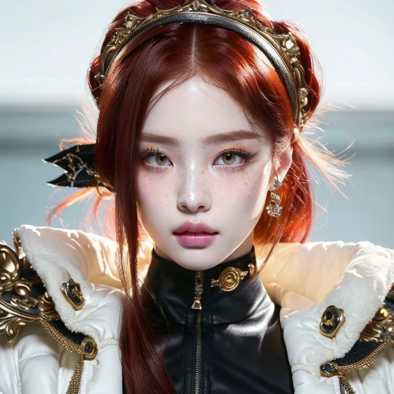 a close up of a woman with red hair wearing a white jacket and amber golden bambi eyes, portrait of jossi of blackpink, iu lee ji-eun as a super villain, jossi of blackpink, jinyoung shin, ulzzang, blackpink jennie, wan adorable korean face, porcelain cyborg, sun yunjoo, cute cyborg girl, park ji-min, jaeyeon nam, rococo cyberpunk,with pale skin, porcelain pale skin, pale goth beauty, pale ivory skin, masterpiece! portrait of arwen, pale porcelain white skin, pale skin and dark eyes, in a high renaissance style, pale fair skin!!, gothic princess portrait, style of tom bagshaw, ivory pale skin, mujer coreana, pale milky white porcelain skin, dollfie dream, anime barbie doll, detailed body and eyes, ball jointed doll, 🤤 girl portrait, hyper realistic aesthetic, small freckles, hyper realistic teenager, barbie doll, freckles!!!, detailed face, realistic, jisoo from blackpink, popular south korean makeup, quality detailed ,(beautiful makeup :1.2), big, big ass, (best quality, 8K, masterpiece: 1.3), Clear focus: 1.2, Very detailed face and skin texture. , detailed eyes, double eyelids, (long hair), with greater volume in ((big breasts))