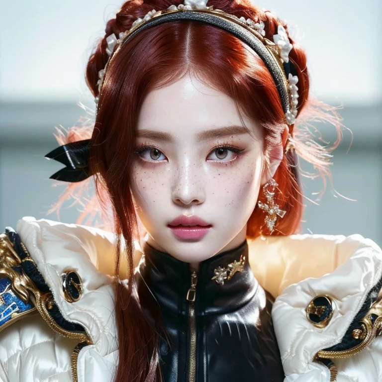 a close up of a woman with red hair wearing a white jacket and amber golden bambi eyes, portrait of jossi of blackpink, iu lee ji-eun as a super villain, jossi of blackpink, jinyoung shin, ulzzang, blackpink jennie, wan adorable korean face, porcelain cyborg, sun yunjoo, cute cyborg girl, park ji-min, jaeyeon nam, rococo cyberpunk,with pale skin, porcelain pale skin, pale goth beauty, pale ivory skin, masterpiece! portrait of arwen, pale porcelain white skin, pale skin and dark eyes, in a high renaissance style, pale fair skin!!, gothic princess portrait, style of tom bagshaw, ivory pale skin, mujer coreana, pale milky white porcelain skin, dollfie dream, anime barbie doll, detailed body and eyes, ball jointed doll, 🤤 girl portrait, hyper realistic aesthetic, small freckles, hyper realistic teenager, barbie doll, freckles!!!, detailed face, realistic, jisoo from blackpink, popular south korean makeup, quality detailed ,(beautiful makeup :1.2), big, big ass, (best quality, 8K, masterpiece: 1.3), Clear focus: 1.2, Very detailed face and skin texture. , detailed eyes, double eyelids, (long hair), with greater volume in ((big breasts))