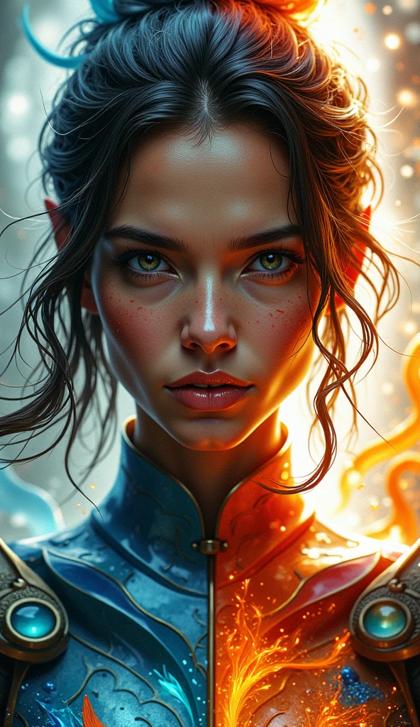 yin and yang, masterpiece, 4 elements, fire, air, water, earth, highly detailed, epic, wallpaper art, portrait shot of "Swift Gaia the Fierce Knight", Close-up, eyes on camera, clear, sharp, romantic, ambient light, contemporary fine detail, colorful, magical atmosphere, ambient atmosphere, ambient background,in the style of Jed-clrfl,    