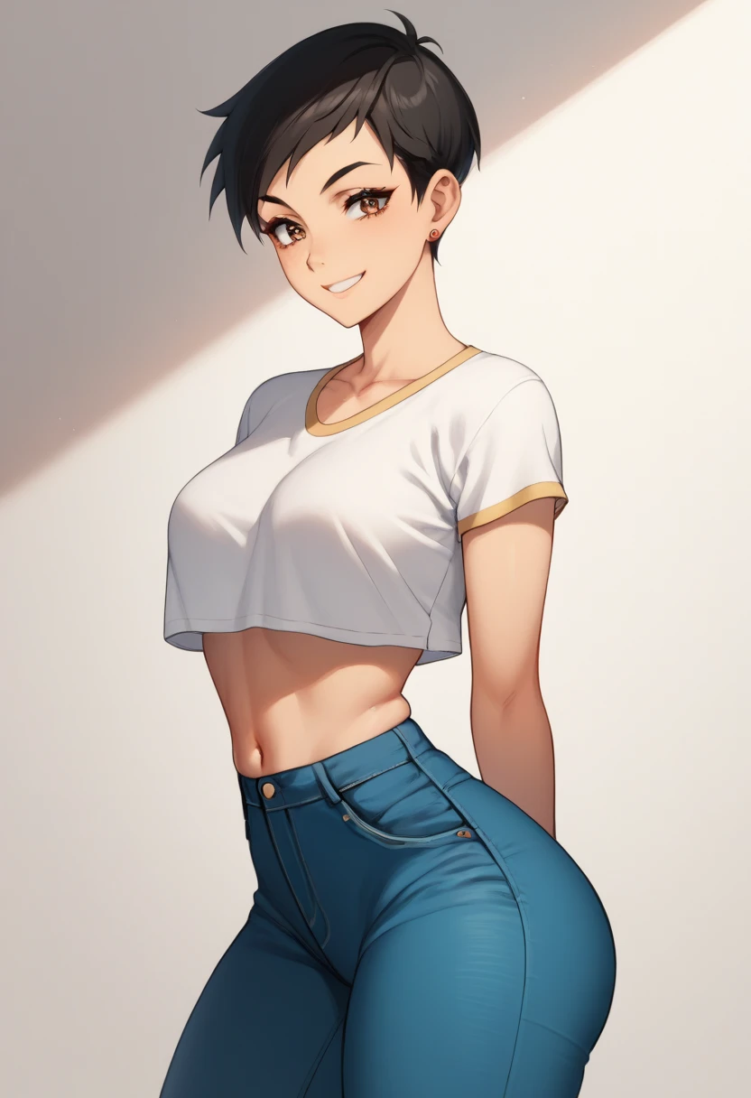 LoisSDXL, 1 girl ,  Golden Brown Eyes ,  short,  black hair,  Pixie Cut Style ,  small earrings , slender,  Athletic Frame ,  skindent, 張りのあるchest,  surimi waist ,  Wide Hips, Fluffy thighs,  soft, Puffy Butt ,  Button Up White Shirt,  Blur Crop Top , jeans,  tomboy ,  1 girl , Alone, chest, (( shirt)),  sexy,  smirking ,  close,  good