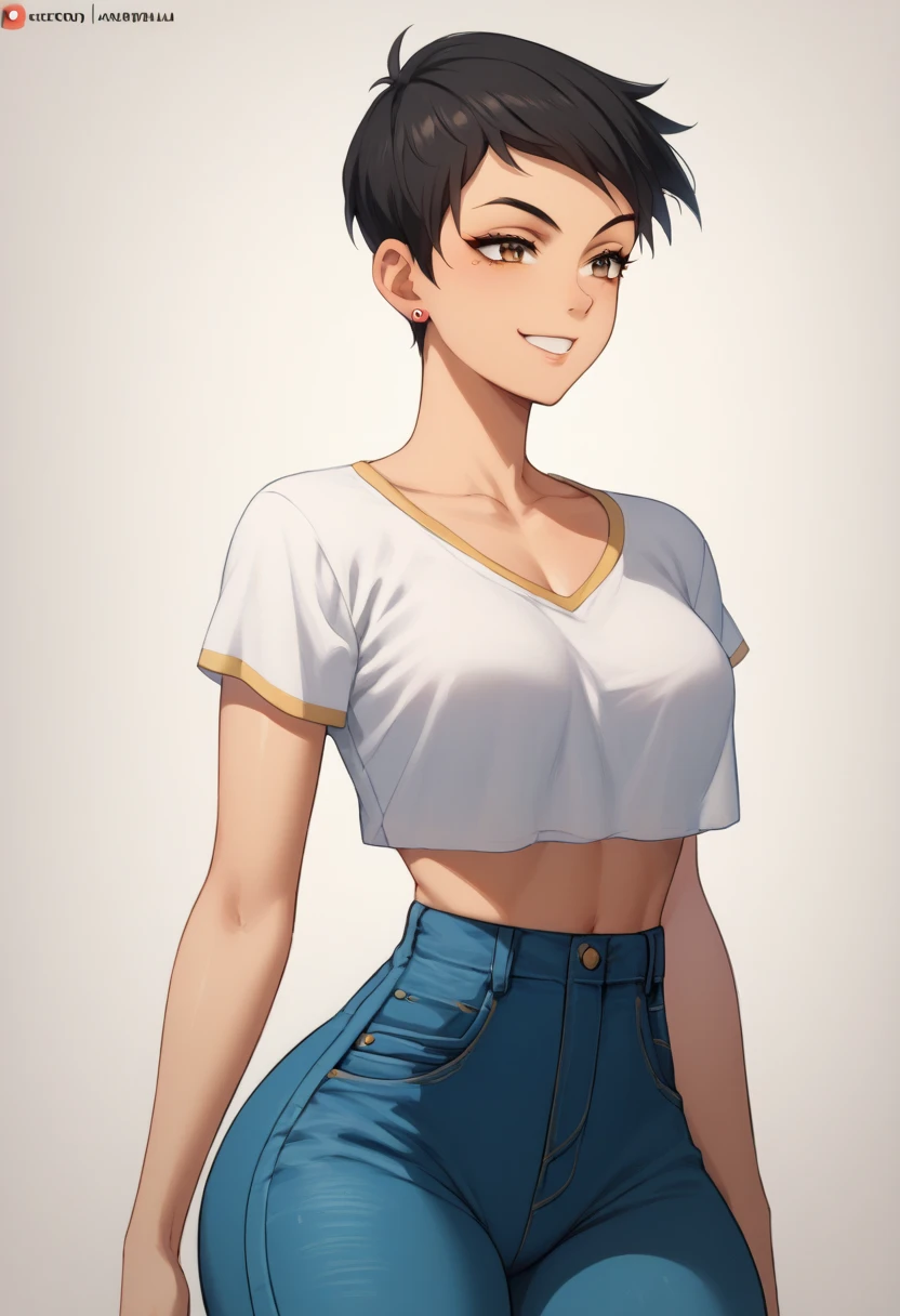 LoisSDXL, 1 girl ,  Golden Brown Eyes ,  short,  black hair,  Pixie Cut Style ,  small earrings , slender,  Athletic Frame ,  skindent, 張りのあるchest,  surimi waist ,  Wide Hips, Fluffy thighs,  soft, Puffy Butt ,  Button Up White Shirt,  Blur Crop Top , jeans,  tomboy ,  1 girl , Alone, chest, (( shirt)),  sexy,  smirking ,  close,  good