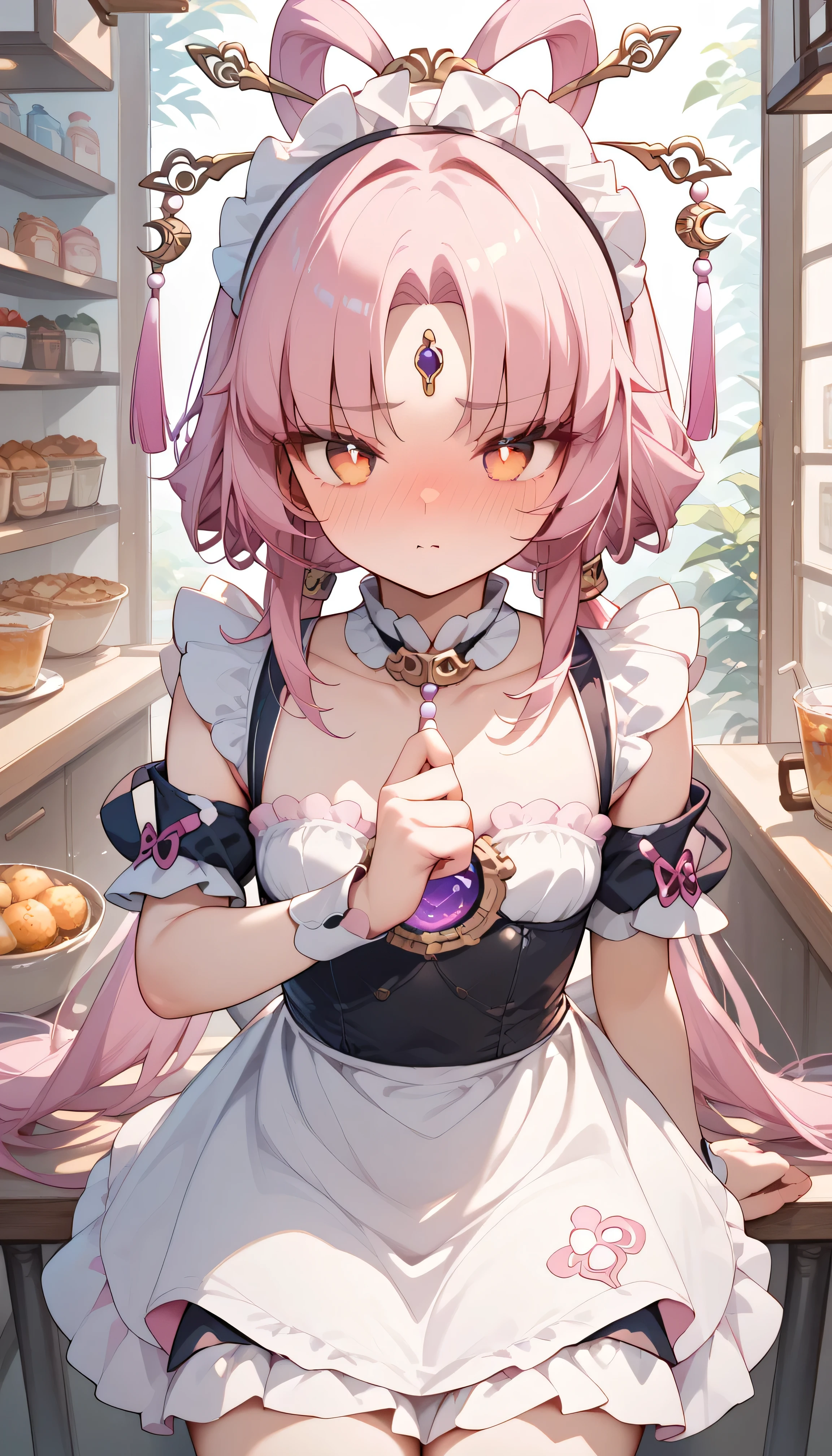 Fu Xuan, 1girl, pink hair,  orange eyes , low twintails, single sidelock, hair ornament, forehead jewel,　maid uniform　 Headdress　 small breasts　Petite body　blush　 Embarrassing 　 coffee shop