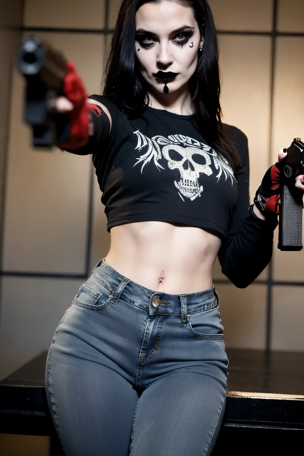 Young goth, (aged 18:1.6), wearing a black crop top with a skull design and jeans, ((holding pistol)), Demonic tattoos. depth of field lights background.