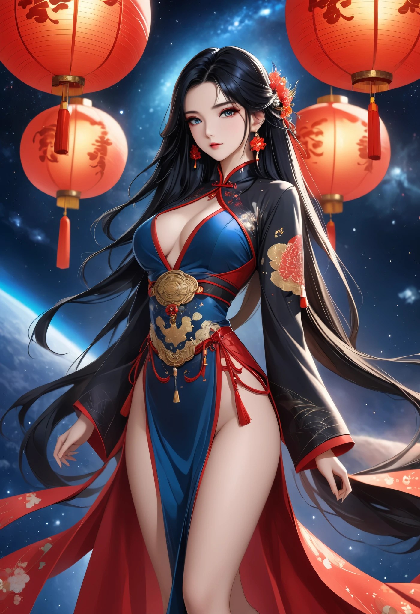  beautiful女性,  long black hair, The greatest goddess, whole body, Beautiful,  beautiful,  space facing directly opposite each other, earrings, Chinese style costume, Mysterious Outfit , blue red,  is facing here in real form,  high image quality,  Masterpiece, 8k high resolution,  anime style , 