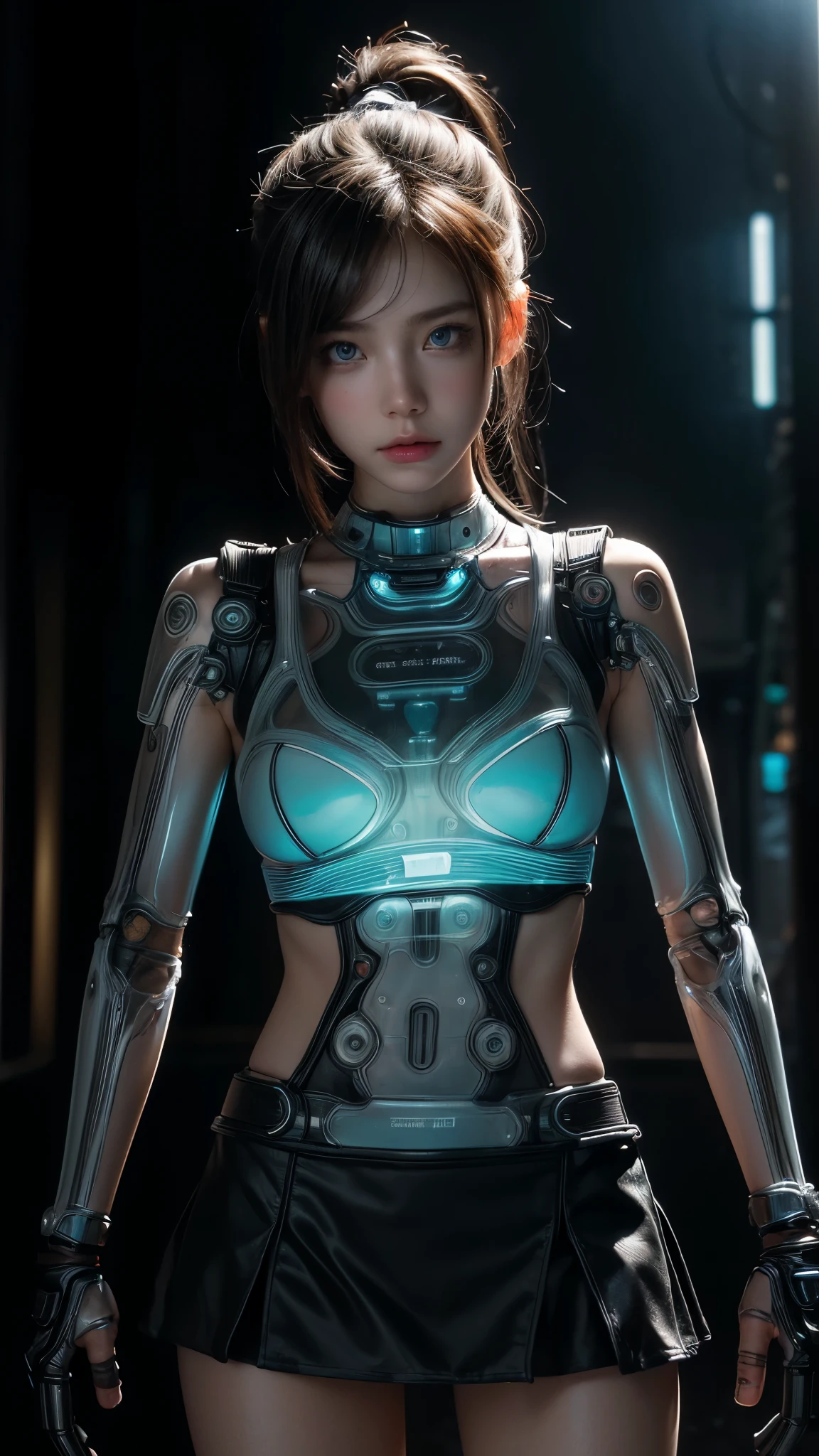 ((A half-mechanical girl with a human torso and translucent mechanical limbs)),
((Her limbs are translucent and revealing the internal electronic circuitry)),
Sleeveless jacket and frilly skirt,
Bright blue eyes,
Long ponytail hair,
Post-apocalyptic city background,
Standing on the street,
beautiful face, detailed face, 
(from front),
White highlights, Halftone, Sensual,
Highest quality, Realistic, Photo Realistic, Award-winning photography, (Intricate details), (Subtle details), (Intricate details), (Cinematic Light), Sharp focus, 
