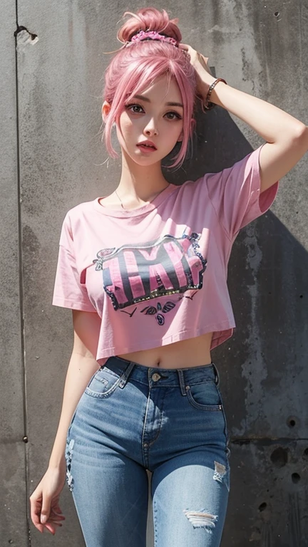 girl, , short shoulder-length hair, pink hair color, bikini, tshirt,