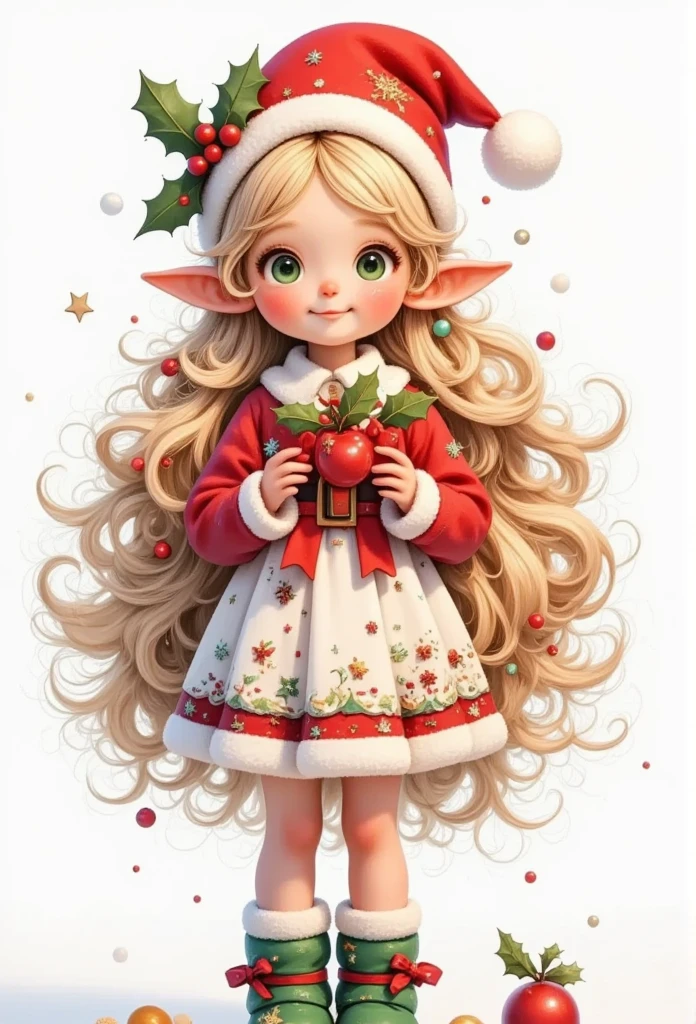 A cute anime elf girl wearing a Christmas hat, Holding an apple, She has long blonde hair,  Green Eyes , Dark eyeshadow, freckle,  wearing a dress with Christmas elements , green booties, Huge bow， Height Detailed , 3D Rendering,  Surrealism , 1.37 scale,  exaggerated body proportions ,  studio lighting , Bokeh, masterpiece