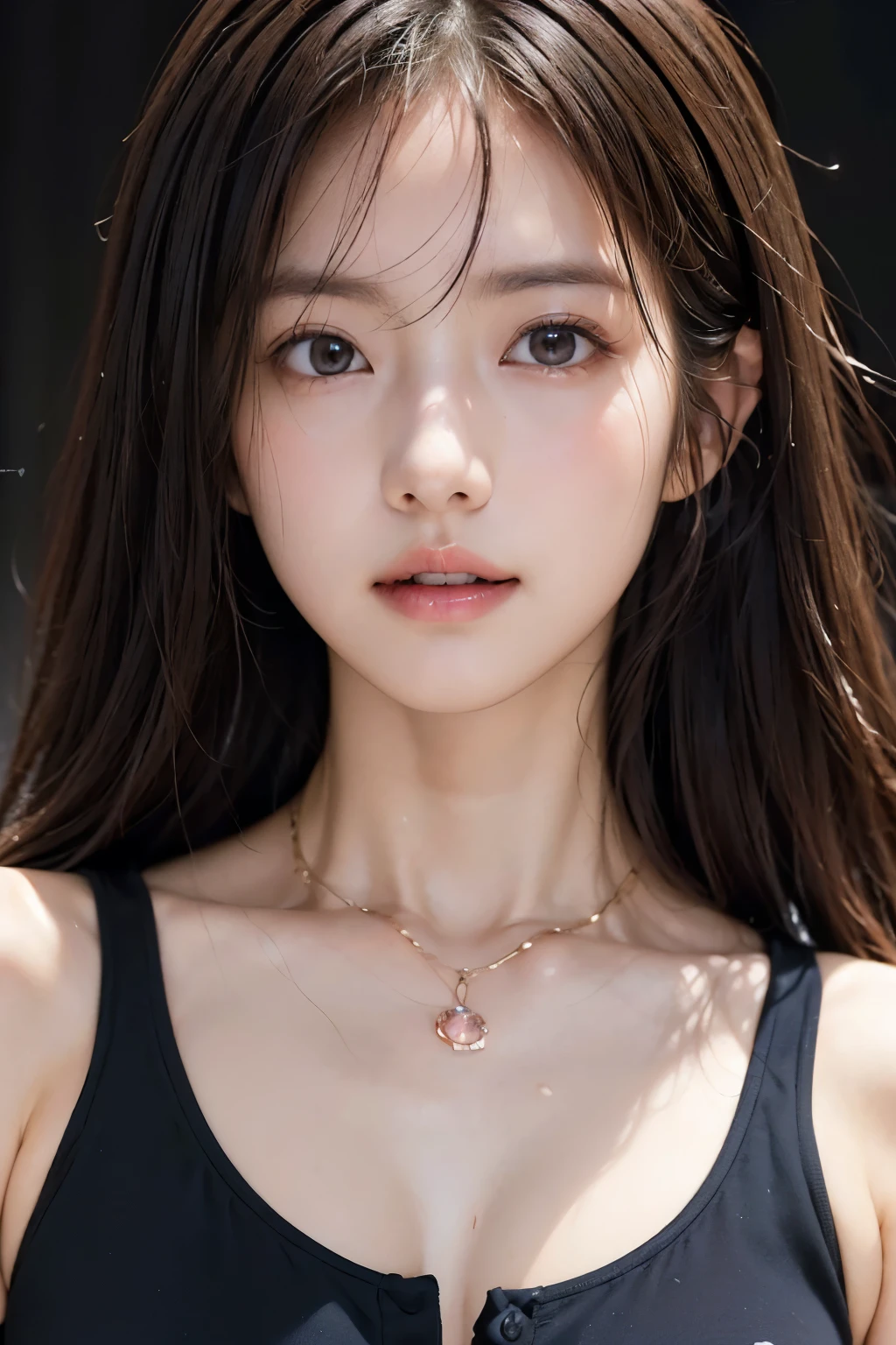 best qualtiy， Ultra-high resolution， （realisticlying：1.4），（（Medium hair））），absurderes：1.2， The background is blurred out， bokeh：1.2， photography of， （RAW photogr：1.2）， （realisticlying：1.4）， （tmasterpiece：1.3）， （complexdetails：1.2）， 1girll， solo， japanaese girl， delicated， beautifuldetails， （Detailed eyes）， （detailedfacialfeatures）， ， （（（little breast）））， skin tight， （Looking_at_peeping at the viewer）， From_Front， （being thin）， （best qualtiy：1.4）， （Ultra-high resolution：1.2）， cinematric light， （Extreme detail illustration）， （Gloss on lips， best qualityer， Ultra-high resolution， depth of fields， Caustics， Wide lighting， naturalshadow， 85mm， f/1.4， iso 200， 1/160s：0.75），1girll， solo， （（（blue tanktop）））ssmile， Uniforms， choker necklace，