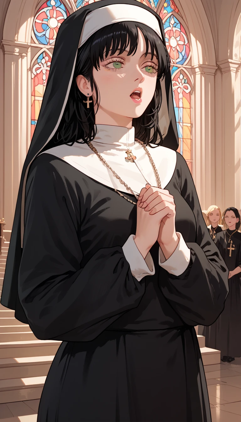  Billie Eilish is in a choir  , She's standing singing ,  there are two fairs on your side ,  she's wearing a nun's outfit, in a cathedral ,  short black hair ,serene look 