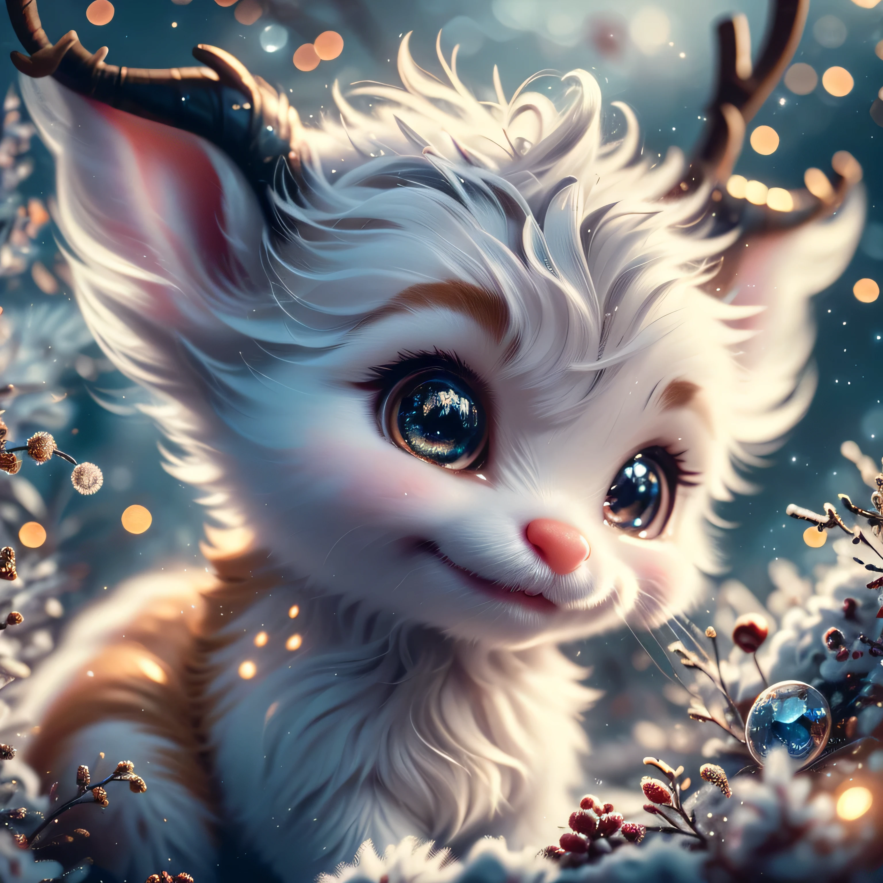 Magical Fantasy Creature, (Best Quality, Masterpiece, Representative Work, Official Art, Professional, Super Detailed, 8k:1.3), (Photorealism:1.2) Super Cute, Big Eyes, Soft, Soft Nose, Fluffy, Double-Toothed Smile, Aurorastyle, Highly detailed Dynamic shot of majestic adorable baby reindeer, high quality, beautiful masterpiece, fantasy creature, kawaii, digital art, glowing sparkles, Realistic, Beautiful, Stars in Eyes, Soft Volumetric Light, (Backlight:1.3), (Cinematic:1.2), Intricate Details, (ArtStation:1.3), --auto --s2