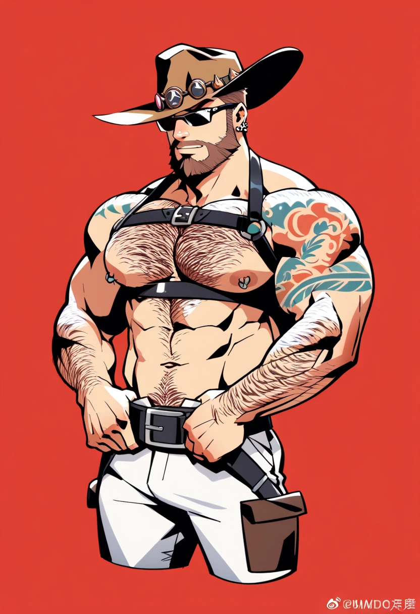 a bearded tattooed muscle man  posing,  SFW,  muscular man,  Perfect anatomy ,  balanced anatomy ,  hairy,  big breast, BDSM costume , cowboy hat, Sunglasses,  tight thong, black harness , big crotch, lewd expression,  muscular,  short haircut, bearded,  brown hair , hands on waist, piercings ,  red background ,  high resolution ,  high,  Masterpiece.