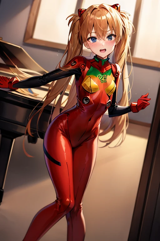 (( top quality)), ((masterpiece)), (be familiar with),  perfect face, indoor, bedroom,  watching viewers,
One woman,  Soryu Asuka Langley,
 open mouth,  ecstatic expression beside the piano, blush, smile,
 small tits,  flat chested, Young girl, Lori,  s,  girl,
 long hair,  Twin Tails ,
Leg spread,