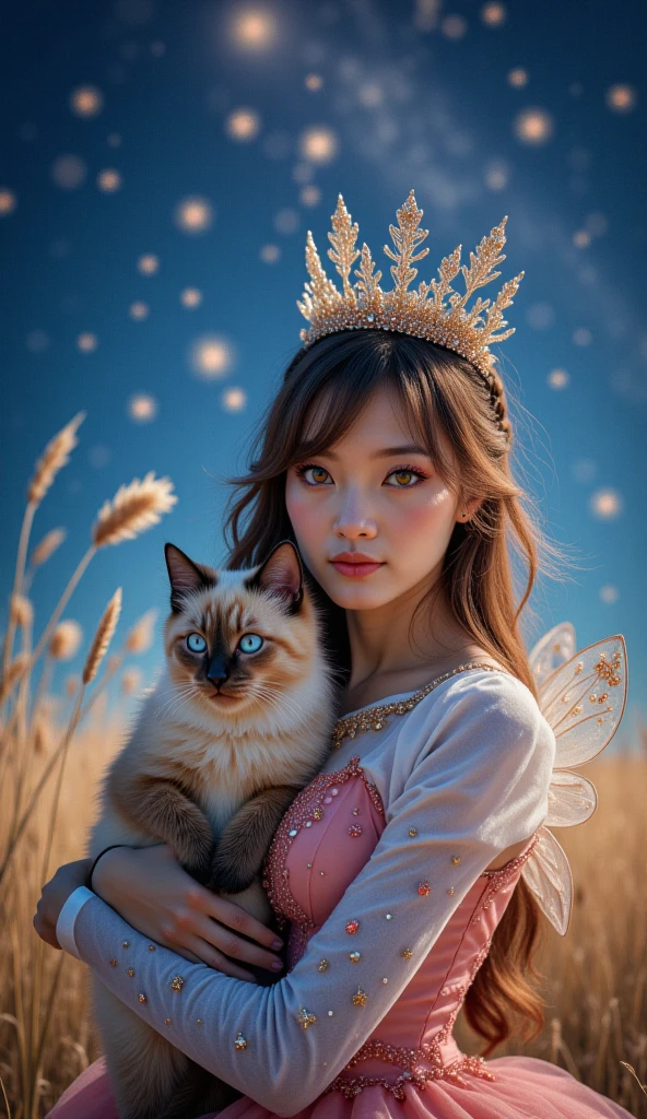 photo of Japanese girl, focus on the eyes, 1girl, long hair, super light brown hair, slim body shape, high contrast, detailed eyes, detailed hair, Position your eyes closer to your nose, 20yo, 

A playful princess dress covered in sparkly stars, complete with a matching tiara and fairy wings, 

A dreamy night sky filled with twinkling stars, a gentle breeze rustling through the tall grass in a meadow, She is holding a Siamese cat kitten.