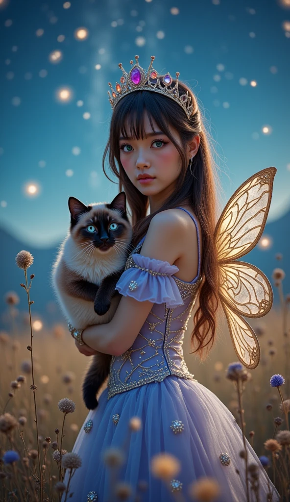 photo of Japanese girl, focus on the eyes, 1girl, long hair, super light brown hair, slim body shape, high contrast, detailed eyes, detailed hair, Position your eyes closer to your nose, 20yo, 

A playful princess dress covered in sparkly stars, complete with a matching tiara and fairy wings, 

A dreamy night sky filled with twinkling stars, a gentle breeze rustling through the tall grass in a meadow, She is holding a Siamese cat kitten.