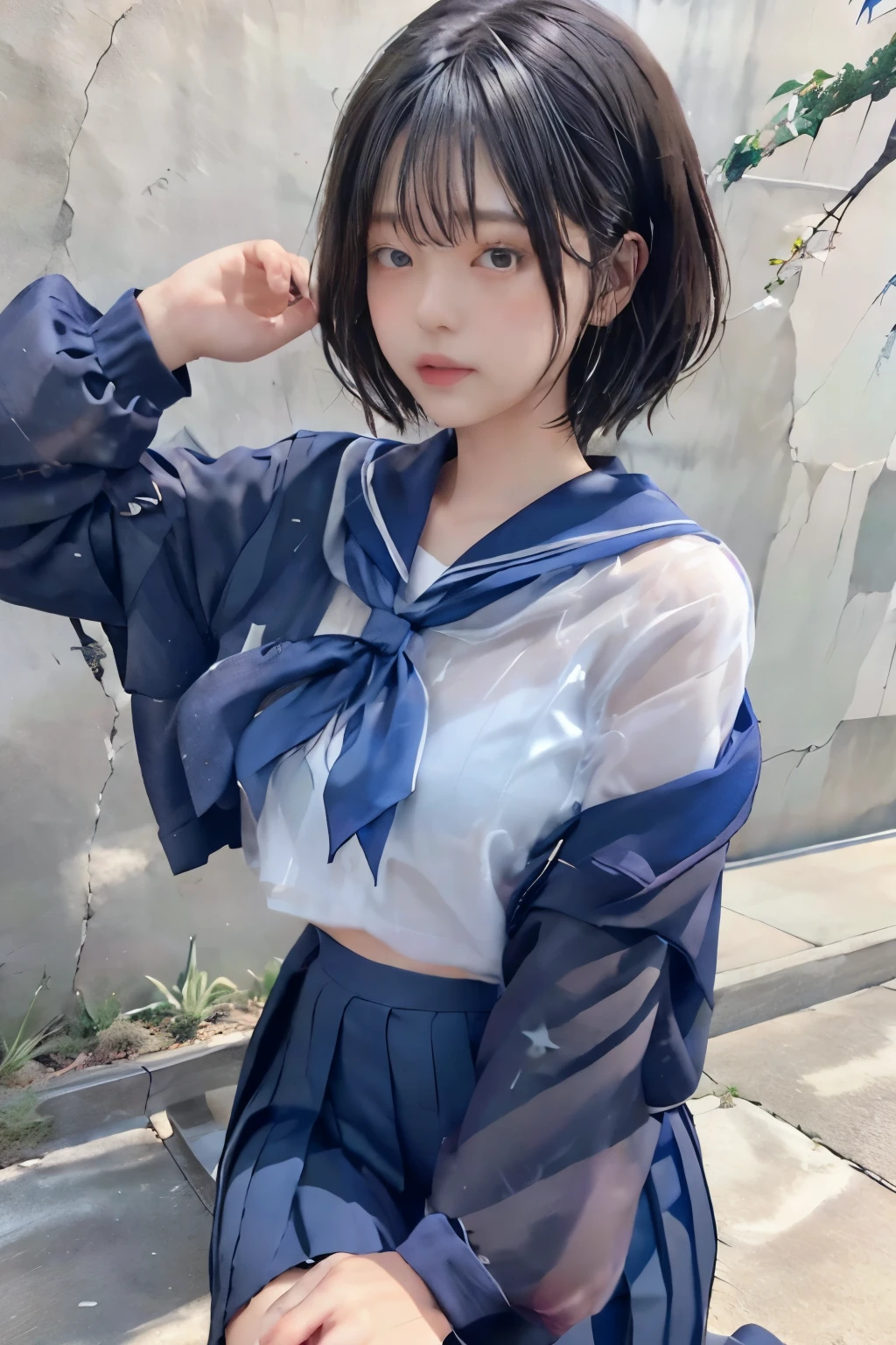 Masterpiece、( top quality:1.4)、1girl、(nsfw)、 super detailed 、 looking down from directly above black hair、parted hair、 Belly Shorthair big eyes、Forehead、Beauty 日本の女子高生の sailor suit、 sailor suit、 navy blue skirt 、 pleated skirt 、(see-through)、see-through brassiere Soaking、 hair wet rain、(Rain)、Puddle、concrete background