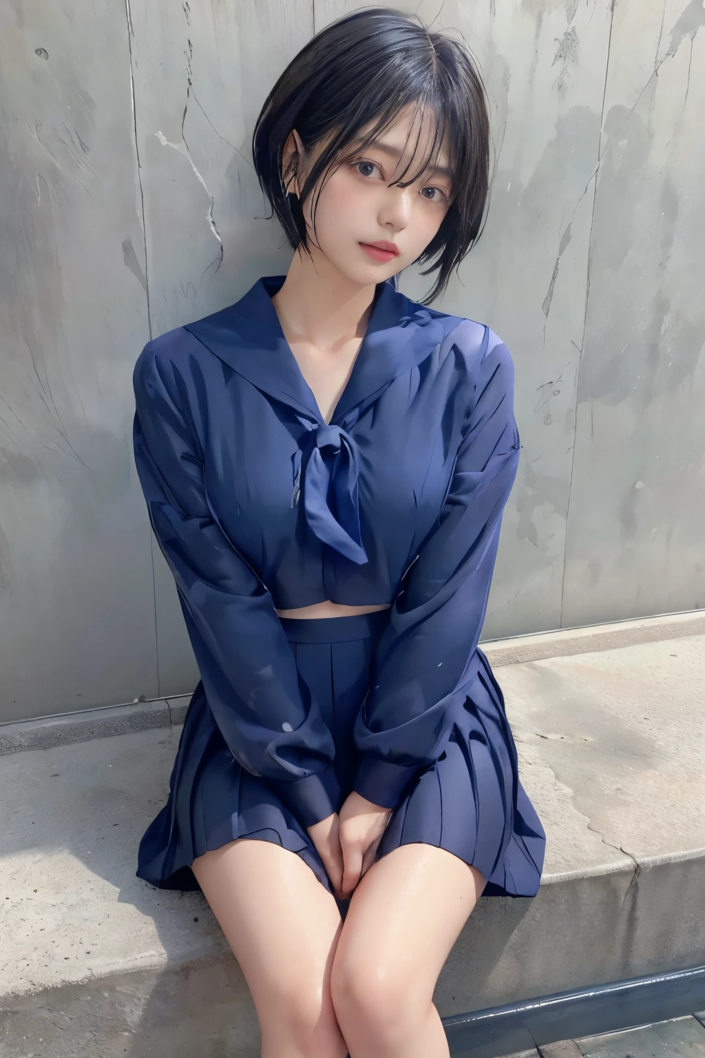 Masterpiece、( top quality:1.4)、1girl、(nsfw)、 super detailed 、 looking down from directly above black hair、parted hair、 Belly Shorthair big eyes、Forehead、Beauty 日本の女子高生の sailor suit、 sailor suit、 navy blue skirt 、 pleated skirt 、(see-through)、see-through brassiere Soaking、 hair wet rain、(Rain)、Puddle、concrete background