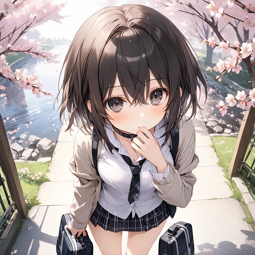 ( 1 girl ),blanc \(Neptunia )\,black hair, black eyes,(Kissing Face:1.5)、blush、(low ponytail:1.5), (long sidelocks:1.5), (Button-down shirt) ,( small tits:1.5),(gray cardigan:1.5)、(Regular black tie :1.5)、( black plaid mini skirt:1.5),choker,(Put your school bag on your shoulder :1.5),cherry blossoms、Park Walkway、In front of the pond:1.5、front、 from above、cowboy shot、( perfect anatomy ),( best quality), ( ultra hi-res), (超 high definition ), ( Highly Detailed CG), (32K), (masterpiece)、eyesHD