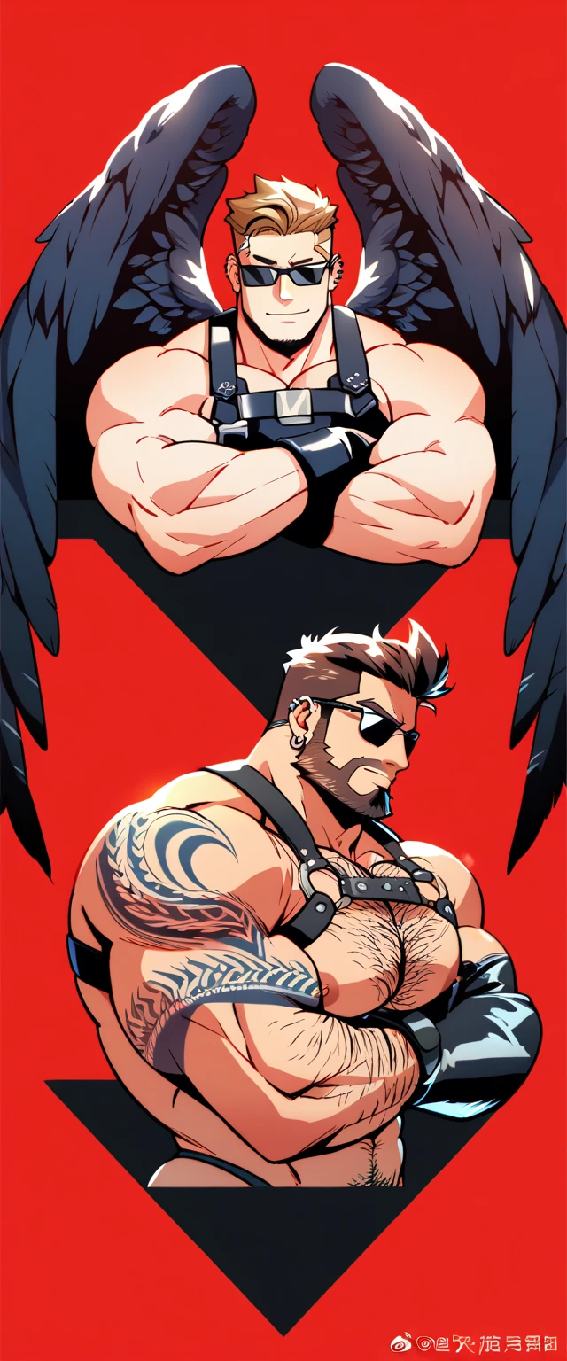 a bearded tattooed muscle cowboy with  angel black wings  posing,  SFW,  muscular man,  Perfect anatomy ,  balanced anatomy ,  hairy,  big breast, BDSM costume , cowboy hat, Sunglasses,  black thong,black harness , big crotch, lewd expression,  muscular,  short haircut, bearded,  brown hair , piercings,  angel black wings ,  red background ,  high resolution, high quality, Masterpiece.