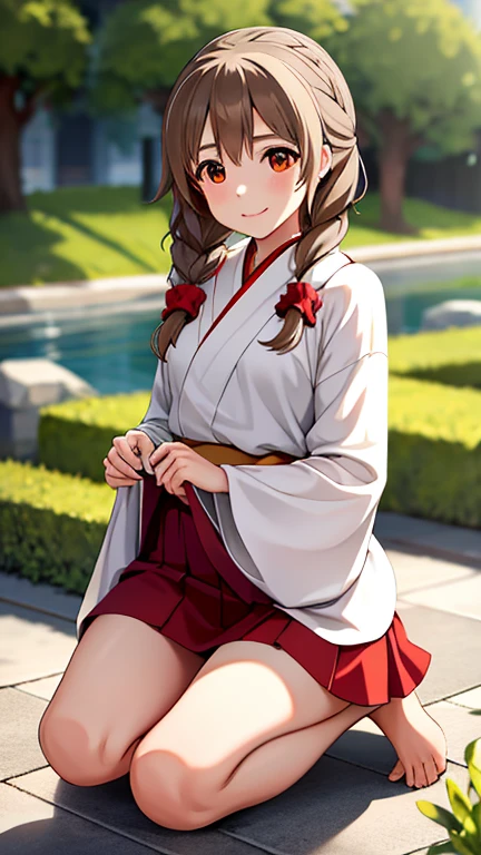 1人of女of子, Alone, ツ ,  short dress like a kimono, white dress,  clevis on a stone,  small breasts, barefoot, smile,  Lift Your Skirt ,  pants, braided , ,  brown_hair, red_eye, collared_ shirt, Depth_of_Field, hair_End_ shoulder, hair_scrunchie, length_hair, Senkawa_Chihiro, single_ braided , 