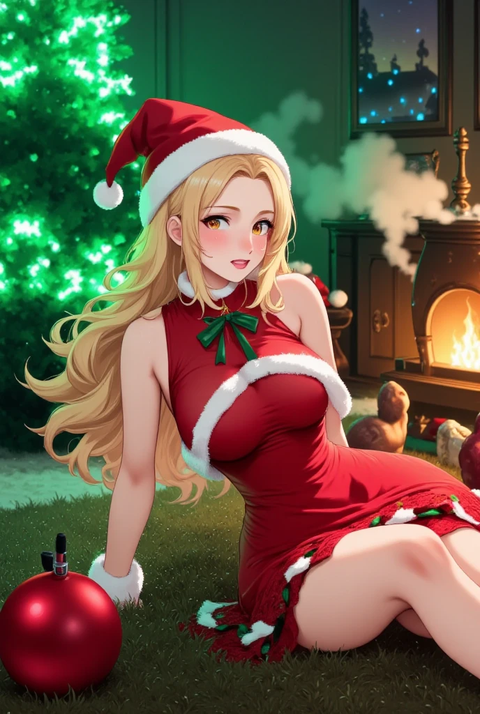 Masterpiece, best quality, 1girl, Navia, santa, santa hat, large breast, bare shoulds, long red gloves, self-open santa costume, sexy legs, bare legs, sitting, santa couch, christmas tree, christmas decoration and lights, gifts, sitting sexy pose, x-cross legs, pink lips, looking at viewer