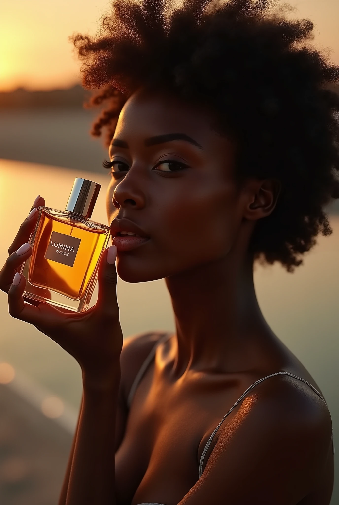 a naked beautiful ebony-skinned woman, holding a perfume bottle, la marca y texto es “LUZ” soft natural lighting, simple blurred background, natural hair and subtle makeup, delicate perfume bottle design, vivid colors, lifelike details, realistic and unpolished, elegant and authentic, (best quality,4k,8k,highres,masterpiece:1.2),ultra-detailed,(realistic,photorealistic,photo-realistic:1.37),portrait,natural setting,warm atmosphere,bokeh background