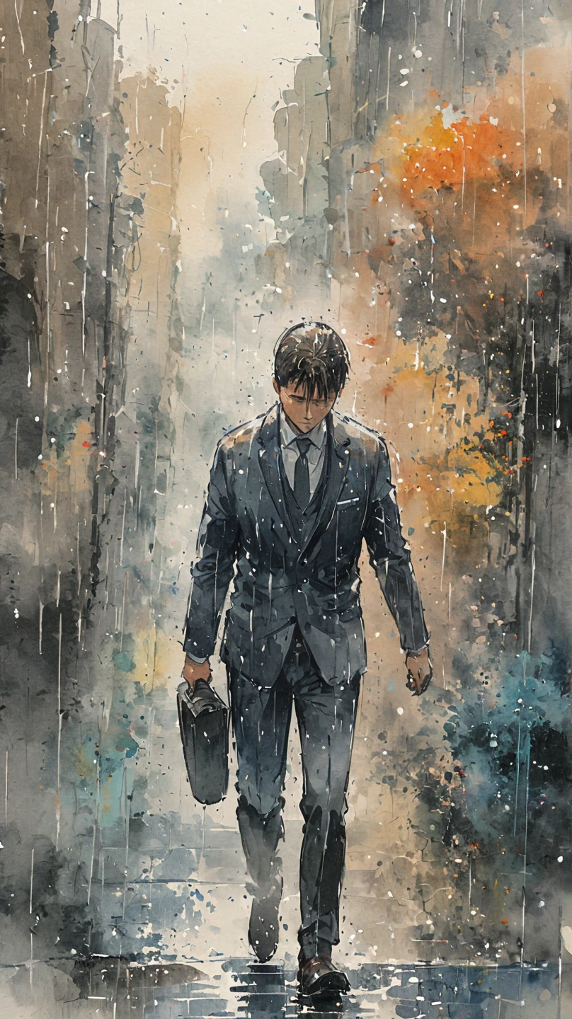 watercolor painting of a man in suit in the rain. full body shot of the man who is soaked under the rain. he tilts his head up to face the rain, the rainwater flows down his face. he is walking in the street, holding his hands out to feel the rain. watercolor brushes stroke painting style. the sky is dark.