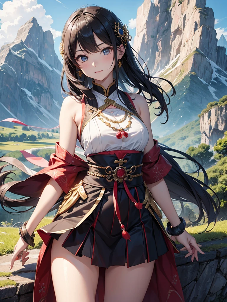 The best of Masterpiece, the best of landscapes, Improved quality, High quality, Good anatomy, Healthy body, Whole fingers, Normal digits, 16k quality image, Girl, beautiful girl, perfect body, full body, perfect girl, perfect skin, long or short messy hair or stright hair, white sleeveless shirt, hand socks, red mini skirt, black shoes, hairstyle, ear accessories, neck accessories, arm accessories, slip breast, small breasts, hard breasts, double hair color