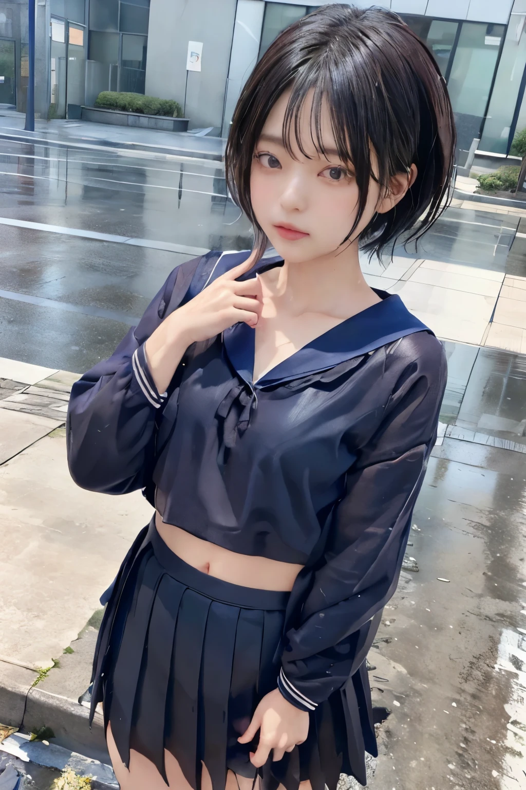  Masterpiece、( top quality:1.4)、1girl、(nsfw)、 super detailed 、 looking down from directly above　 black hair、parted hair、 Belly Shorthair　 big eyes、Forehead、 small face　日本の女子高生の sailor suit、 sailor suit、 skirt、プリーツ skirt、see-through、see-through brassiere　 Soaking、 hair wet 　rain、(Rain)、Puddle、concrete background