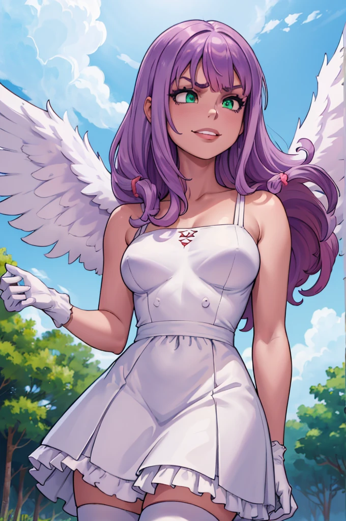 (mejor calidad, Obra maestra), mirando abajo, viento, Partícula, parte superior del cuerpo, 1 girl, ((angel wings)), ((light skin)), red lips, medium hair, (((loose hair))), (((light purple hair))), ((green eyes)), medium breast, (((gems in clothes))), (white gloves), ((white bouffant dress)), ((white stockings)), frowning, ((insane face angry)), fringe hair, (smiling), hair bangs, ((flying on sky))