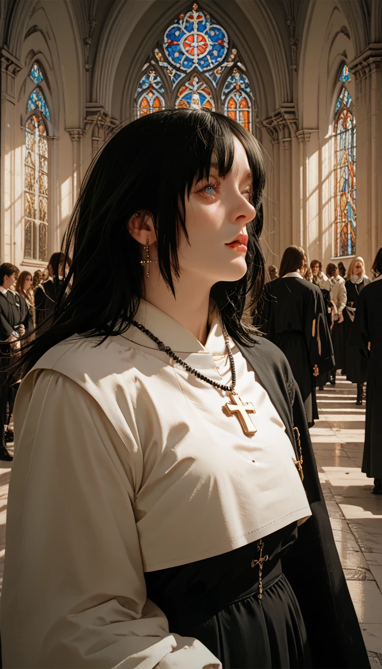 Billie Eilish is walking  ,  she's walking in the cathedral,  she's wearing a nun's outfit, in a cathedral ,  short black hair ,serene look 