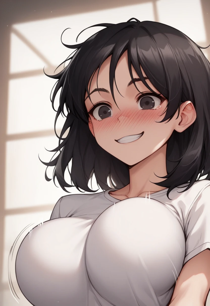 score_9, score_8_up, score_7_up, source_anime, best quality, clear face, friend's sister, black hair, black eyes, medium hair, large breasts, perfect body, looking at , cute embrassed,happy,lewd face,blush,wearing tight plain white shirt,view ,big tit,hot,r,motion lines,motioon lines,hourglass body,sexy,onlu upper body,close to face, sexy bubble boob,bursting breasts,very tight shirt,sex face,cute face