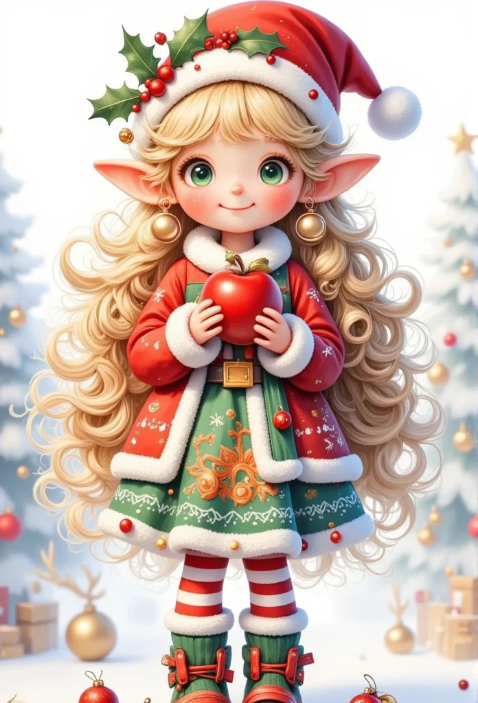 A cute anime elf girl wearing a Christmas hat, Holding an apple, She has long blonde hair, The hair is decorated with Christmas balls， Green Eyes , Dark eyeshadow, freckle,  wearing a dress with Christmas elements , green booties, Huge bow， Height Detailed , 3D Rendering,  Surrealism , 1.37 scale,  exaggerated body proportions ,  studio lighting , Bokeh, masterpiece