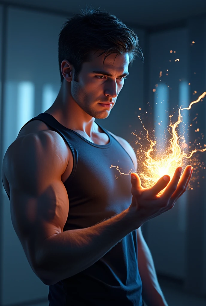 create the image of a male character who has just gained energy-related powers, he is testing them for the first time by manifesting them in one of his hands